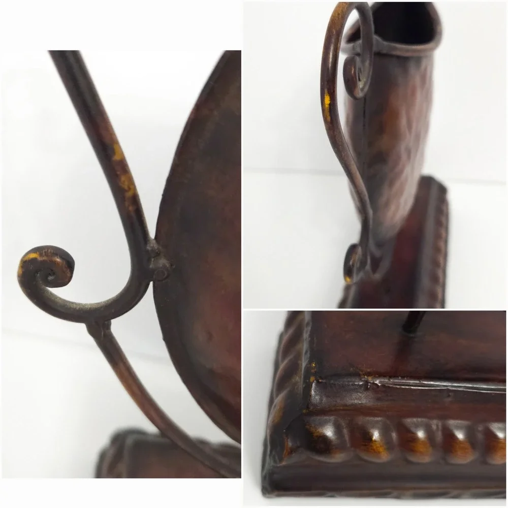 Tuscan Floral & Scroll Brown Hammered Metal Mediterranean Cradle Vase w Handles